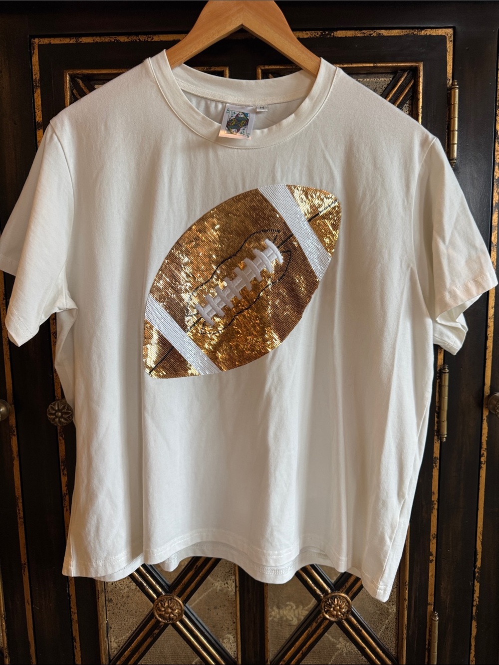 Queen of Sparkles | White Tee with Gold Sequin Football